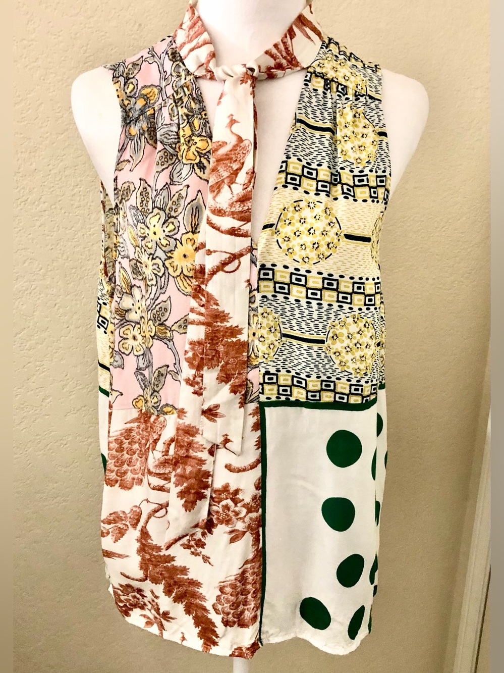 Moulinette Soeurs (Anthropologie) Sleeveless Mixed-Print Tie-Neck Top -